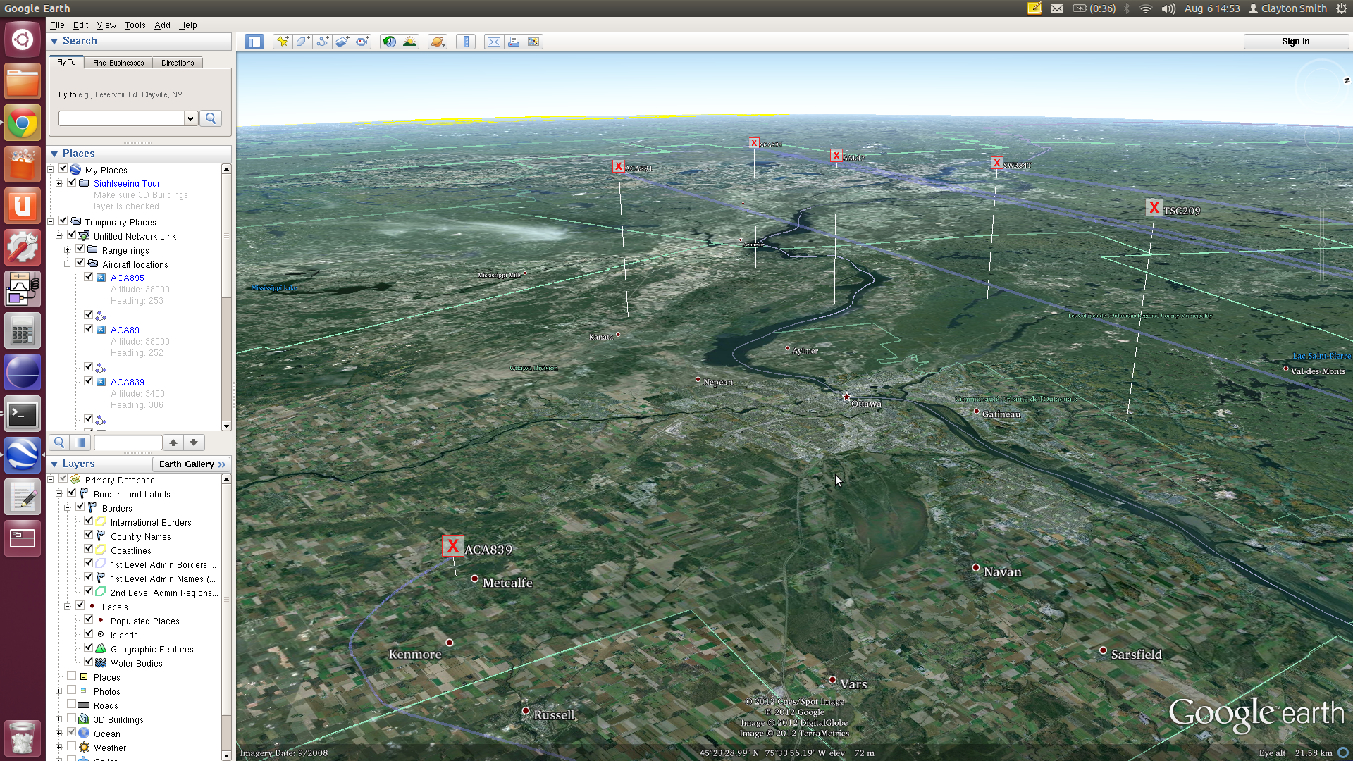 Screenshot of gr-air-modes in Google Earth