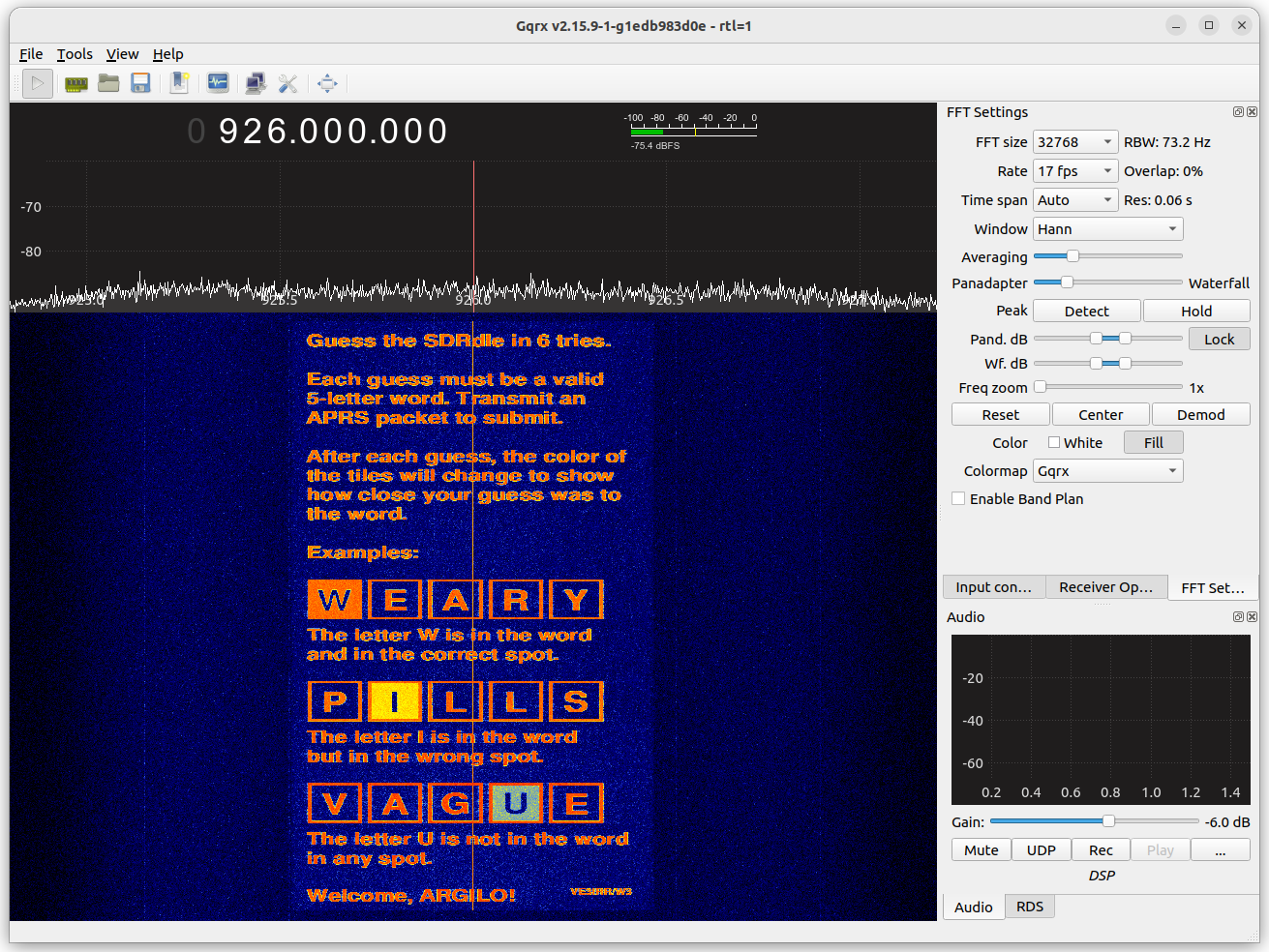A Gqrx waterfall showing spectrum-painted text: "Guess the SDRdle in 6 tries. Each guess must be a valid 5-letter word. Transmit an APPRS packet to submit. After each guess, the color of the tiles will change to show how close your guess was to the word."